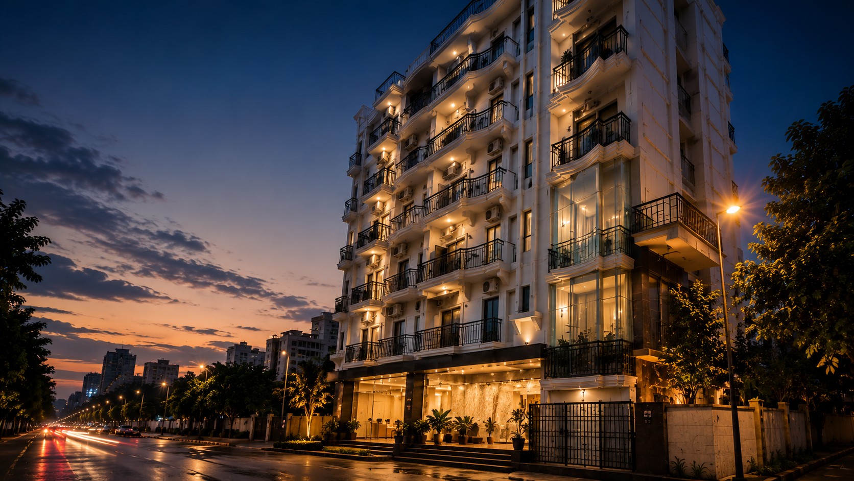 Hotel Vertex exterior building facade at night